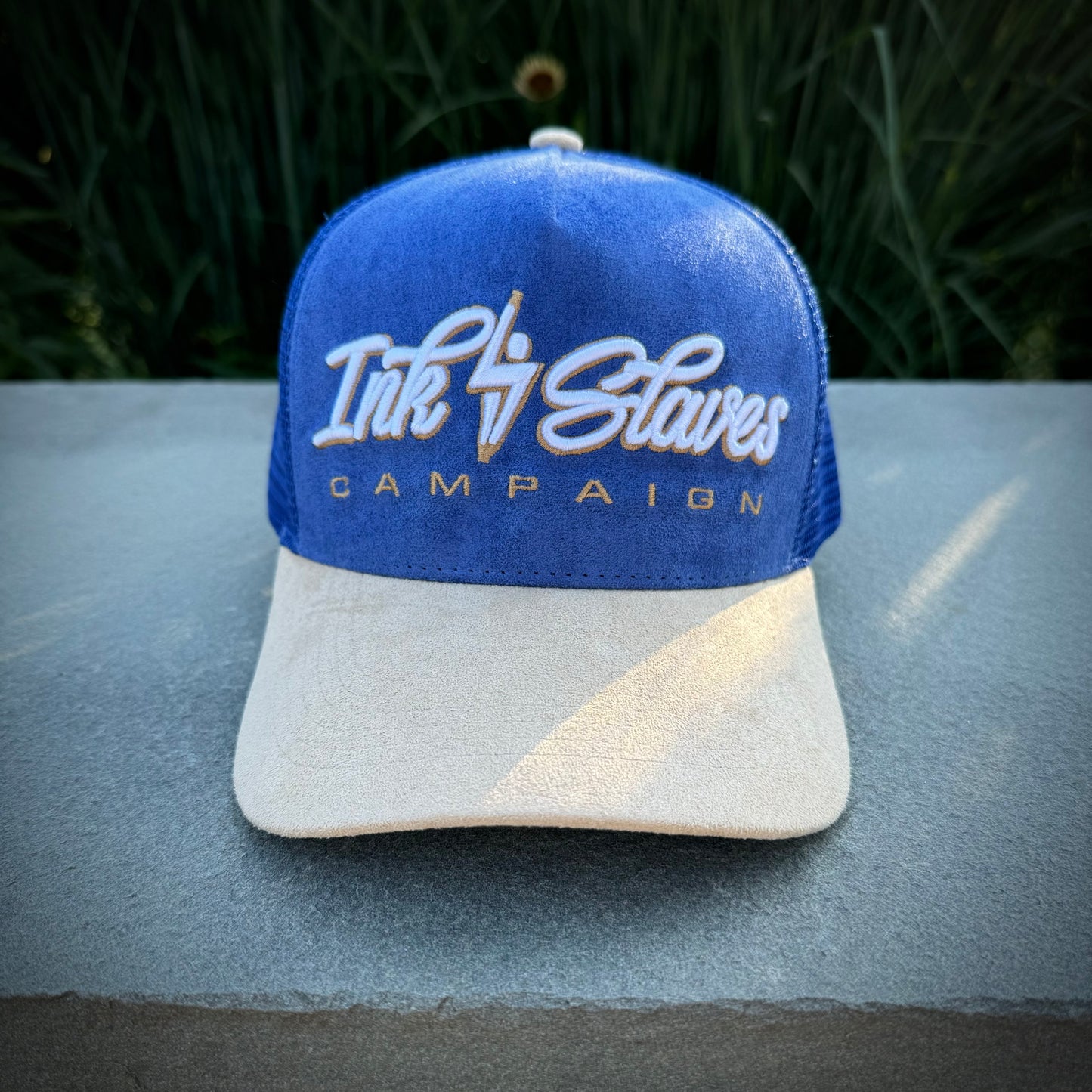 Blue/Cream Suede Trucker Hat